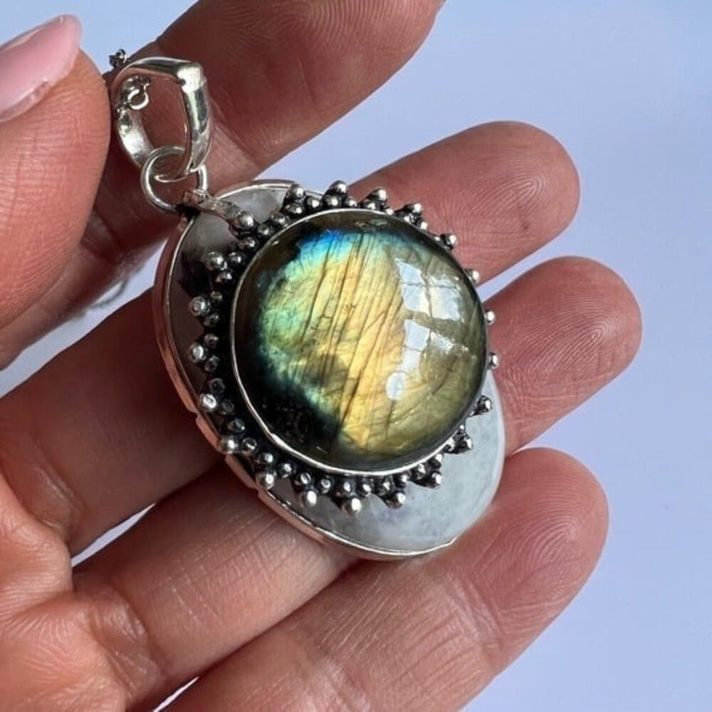 925 INSANE FLASH Labradorite on Moonstone w/ Black Tourmaline! pendant Necklace